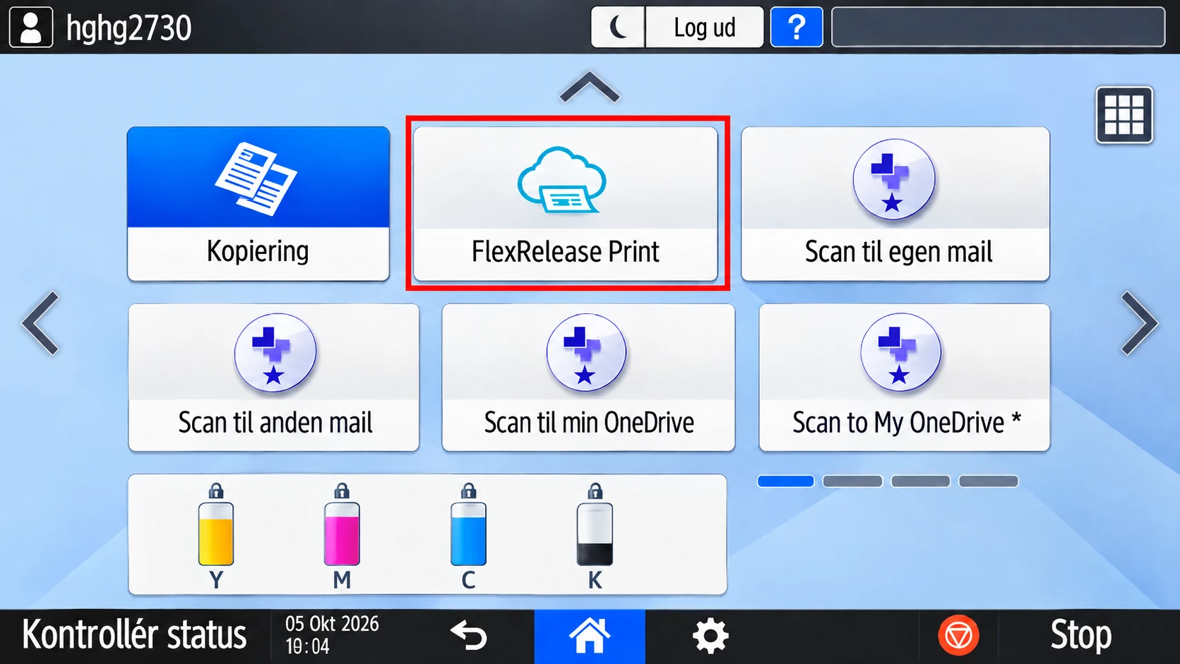 Printerens startskærm med knappen FlexRelease Print markeret med rød ramme