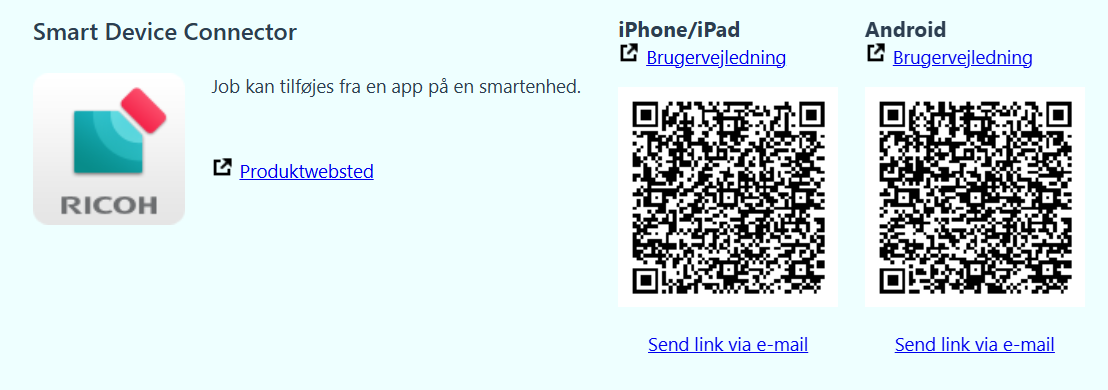 Ricoh Smart Device Connector med QR-koder til iPhone/iPad og Android